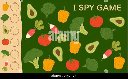 Spio la selvaggina con verdure crude raccolte. Quiz di calcolo, foglio di lavoro vettoriale del puzzle per bambini con avocado, spinaci, ravanelli e peperoni, t Illustrazione Vettoriale