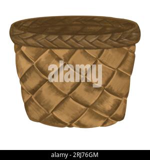 Illustrazione ad acquerello di un cestino di vimini. Cestino da picnic vuoto. Immagine vintage di un cestino. Cesto di paglia rustico vintage isolato su sfondo bianco. Foto Stock