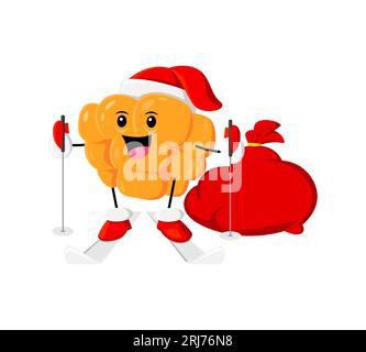 Cartoni natalizi con bacche di Babbo Natale, personaggio sugli sci con borsa regalo. Natale vettoriale isolato padre Noel, personaggio succoso, offre pres Illustrazione Vettoriale