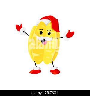 Natale dei cartoni animati maturi, il personaggio della frutta delle stelle crude indossa il cappello di Babbo Natale. Isolata festa vettoriale e allegra carambola padre Noel personage ride con rai Illustrazione Vettoriale