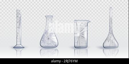 Set di apparecchiature di test con tubo di vetro medico da laboratorio rotto. Imbuto realistico per laboratori chimici per la raccolta di oggetti vettoriali per la ricerca scientifica. cilindro sperimentale 3d clear medicine e contenitore di misurazione Illustrazione Vettoriale