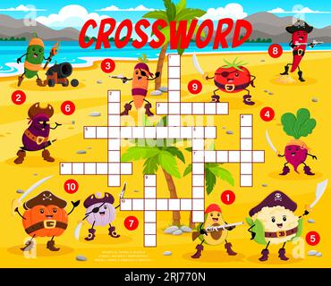 Gioco a quiz con parole incrociate. Cartone animato pirati vegetali e corsari personaggi griglia puzzle foglio di lavoro vettoriale. Gioco di parole a tema Pirate Treasure Island con una bella t Illustrazione Vettoriale
