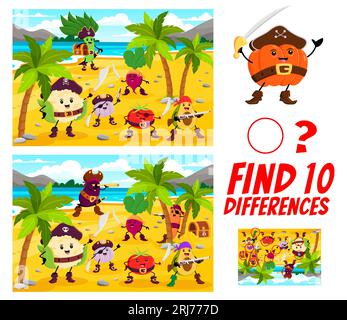 Scopri dieci differenze tra i personaggi dei cartoni animati, dei pirati vegetali e dei corsari, quiz di gioco per bambini. Simpatici personaggi di filibusti vegetariani su Treasure Island Illustrazione Vettoriale
