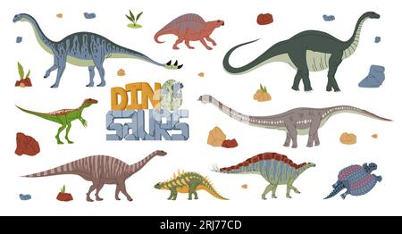 Personaggi dei dinosauri dei cartoni animati, animali mostri preistorici vettoriali e simpatici personaggi dei cuccioli di dinosauro. Happy melanorosaurus, eoraptor, henodus e lotosaurus, Illustrazione Vettoriale