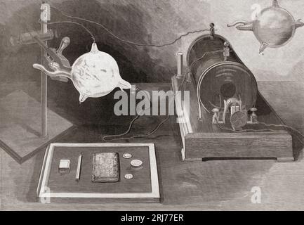 Allestimento per la fotografia di Röntgen come progettato nel 1896 dal fisico americano Professor Arthur Williams Wright, 1836 - 1915. Wright produsse una Röntgen, o fotografia a raggi X, appena un mese dopo che lo scienziato tedesco Wilhelm Conrad Röntgen, 1845 - 1923, descrisse i fenomeni della lunghezza d'onda, un risultato che gli valse il Premio Nobel per la fisica. Foto Stock