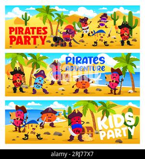 Festa pirata per bambini. Vitamine dei cartoni animati e personaggi corsaro micronutrienti sull'isola del tesoro. Banner vettoriali orizzontali con P, i, K e Cu, Fe, Cl o. Illustrazione Vettoriale