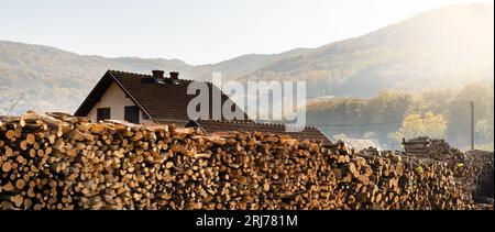 Una pila di legna da ardere sullo sfondo della casa Foto Stock