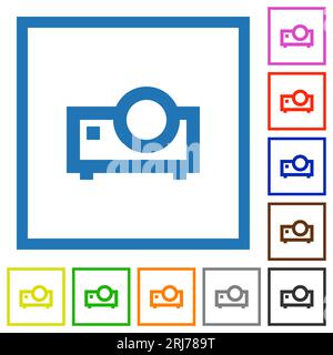 Il proiettore multimediale delinea le icone a colori piatte in cornici quadrate su sfondo bianco Illustrazione Vettoriale
