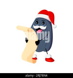 Il personaggio dei semi di girasole di Natale dei cartoni animati indossa il cappello di Babbo Natale, leggendo il rotolo con i desideri. Il vettoriale isolato, padre Noel, ha una lunga lista di pergamene con i desideri dei bambini per le vacanze di Natale Illustrazione Vettoriale