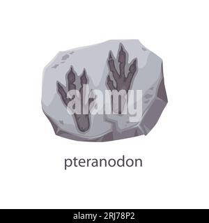 Fossile con impronta di dinosauro, pietra archeologica con silhouette a piedi di dinosauro, vettore di cartoni animati. Impronte di dinosauri Pteranodon con artigli, antica lucertola estinta o traccia di impronte di rettili in pietra di roccia fossile Illustrazione Vettoriale