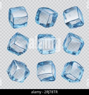 Cubetti di ghiaccio realistici e pezzi di cristalli isolati su sfondo trasparente. cubetti d'acqua surgelati 3d vettoriali, utilizzati per raffreddare le bevande e conservare i prodotti deperibili. Realizzato congelando l'acqua in vassoi o stampi Illustrazione Vettoriale