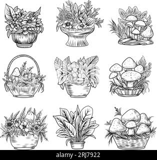 pagina di colorazione della caduta delle foglie. Composizione autunnale con cesto di funghi e fiori. Libro da colorare autunnale per bambini. Illustrazione Vettoriale