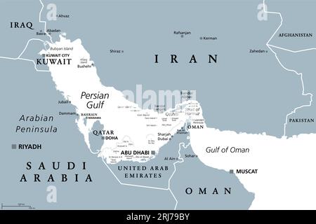 Regione del Golfo Persico, mappa politica grigia. Anche il Golfo Arabico, un Mar mediterraneo nell'Asia occidentale, situato tra l'Iran e la penisola arabica. Foto Stock