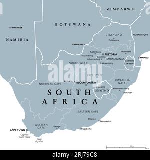 Sudafrica, mappa politica grigia con nove province, con le città più grandi, e confini. Repubblica e paese più meridionale dell'Africa. Foto Stock