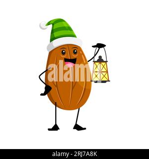 Personaggio dei cartoni animati natalizi in noce di mandorla che indossa un cappello da elfo, regge una lanterna luminosa e aggiunge un tocco allegro alle feste di Natale. Persona di snack proteico vettoriale isolato con lampada festiva Illustrazione Vettoriale