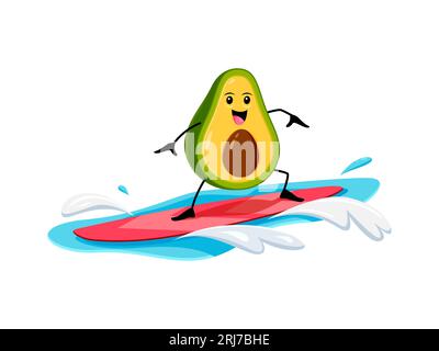 Personaggio messicano di avocado Surfer Cartoon. Vector Fresh Tropical Fruit personage in vacanza sulla spiaggia, divertendosi all'aperto presso il resort marittimo, cavalcando la tavola da surf sull'onda di mare. Cibo sano estate rilassarsi nell'oceano Illustrazione Vettoriale