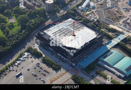 Vista aerea della Coop Live Indoor Arena in costruzione a East Manchester, vicino all'Etihad Campus Foto Stock