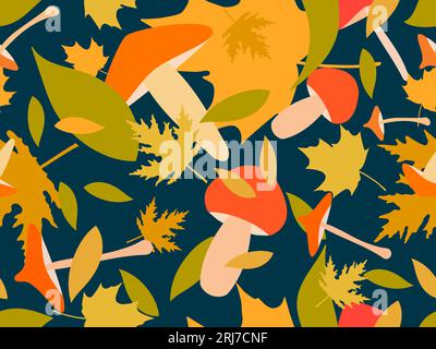 Motivo autunnale senza cuciture con foglie e funghi. Foglie, foglie di acero e quercia con funghi diversi. Design per carta da parati, stampa, tipografia A. Illustrazione Vettoriale