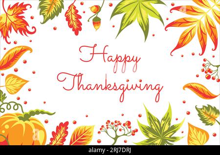 Foglie autunnali e felice messaggio di ringraziamento. Isolato su bianco. Illustrazione Vettoriale