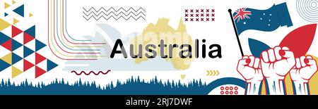 Design del banner del giorno australiano per il 26 gennaio. Tema bandiera australiana per la giornata nazionale dell'Australia nelle forme dei colori rosso e blu. Astratto geomet Illustrazione Vettoriale