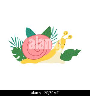 Personaggio lumaca con foglie di palma in stile cartone animato Illustrazione Vettoriale