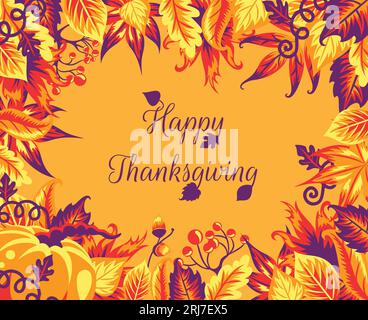 Foglie autunnali e felice messaggio di ringraziamento. Su sfondo arancione. Illustrazione Vettoriale