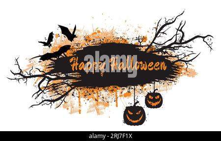 Grunge lo striscione di halloween con pipistrelli e zucche e testo felice Halloween. Isolato su bianco. Illustrazione Vettoriale