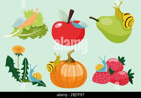 Set di lumache sedute su frutta e verdura. Illustrazione Vettoriale