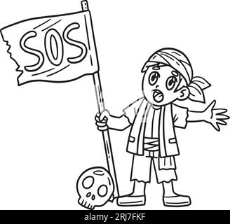 Pirata con SOS Flag Isolated Coloring Page Illustrazione Vettoriale