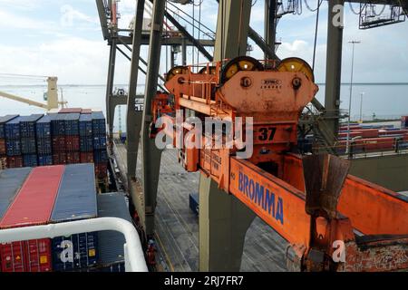 Lo spanditore delle gru a cavalletto azionate da stevedores in vista ravvicinata si sposta sulla nave carica con gru. Foto Stock