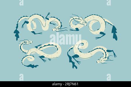 Set di quattro draghi decorativi. Drago asiatico o serpente, simbolo del cinese 2024. Illustrazione vettoriale isolata. Illustrazione Vettoriale