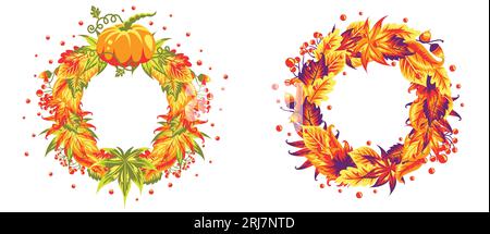 Set di ghirlande con foglie autunnali e zucca. Isolato su bianco. Illustrazione Vettoriale