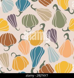 Illustrazione vettoriale di pattern senza cuciture per zucche. Colorato sfondo autunnale con verdure. Stampa autunnale con zucche di diversi colori e forme Illustrazione Vettoriale