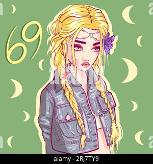 Arte concettuale di una ragazza bionda con lunghi capelli intrecciati e un cristallo sulla fronte. Segno zodiacale donna cancro con giacca in denim e fiore Illustrazione Vettoriale