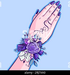 La mano di un briciolo con un corsage floreale blu e viola sul polso. Arte concettuale per matrimoni con fiori, nastri, foglie e frutti di bosco estivi Illustrazione Vettoriale