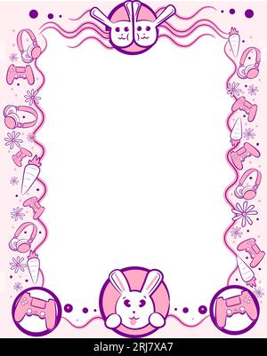 Cornice kawaii rosa e viola con coniglietti per i giocatori. Bordo carino per bambini con cuffie, gamepad, carote e fiori.adorabile modello di layout Illustrazione Vettoriale