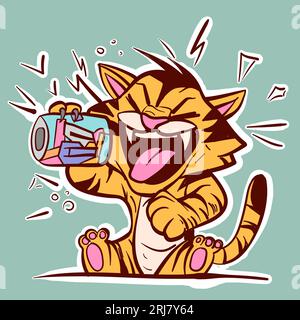 Arte digitale di una tigre dei cartoni animati che beve soda da una lattina di metallo. Animale selvatico che beve una bevanda energetica seduto. Illustrazione Vettoriale
