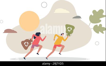 Plogging attività sportiva con corsa e raccolta rifiuti.illustrazione vettoriale piatta. Illustrazione Vettoriale