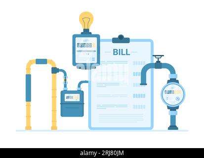 Servizi di pubblica utilità per l'illustrazione di vettori domestici. Contatori di gas, acqua ed elettrici per controllare e misurare il consumo di risorse, apparecchiature domestiche per la misurazione bolletta di servizio per il pagamento Illustrazione Vettoriale