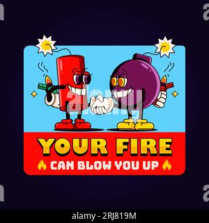 Handshake in dinamite con cartoni animati retrò. Perfetto per loghi, mascotte, t-shirt, adesivi e poster Illustrazione Vettoriale