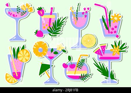 Set di adesivi per cocktail tropicali Cartoon. Bevande rosa su sfondo menta. Liquore disegnato a mano con cannucce, frutta, frutti di bosco, foglie, spezie. Bevanda, soda Illustrazione Vettoriale