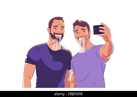 Immagine ravvicinata in stile cartone animato di una coppia che scatta un selfie insieme. Illustrazione Vettoriale