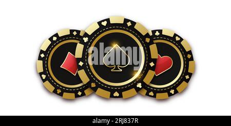 Moneta da gioco con picche di abiti. Trio di gettoni gettoni o gettoni. Chip da gioco realistico con la tuta di picche al centro, gettoni da gioco. BA Illustrazione Vettoriale
