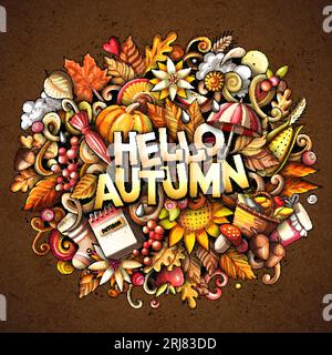 Ciao autunno natura cartoon Doodle illustrazione Illustrazione Vettoriale