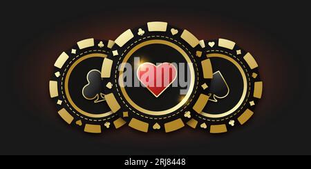 Moneta da gioco con cuori completi. Trio di chip o gettone da gioco. Chip da gioco realistico con la tuta di cuori al centro, gettoni da gioco. Banner Illustrazione Vettoriale