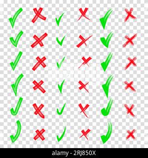 Sì e no Forma rossa e verde. Pennello disegnato a mano, segni di spunta e incrocia la raccolta di set. Disegnare, disegnare. Matita disegnata a mano segni di spunta A. Illustrazione Vettoriale