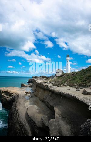 Vista sulla costa del faro di Castlepoint, Castlepoint, regione di Wellington, nuova Zelanda Foto Stock