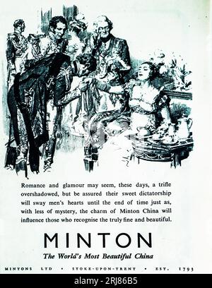 Una pubblicità del 1945 in tempo di guerra per Minton China "The Worlds Most Beautiful china". L'azienda risale al 1793, quando la produzione iniziò a Stoke on Trent, nello Staffordshire, in Inghilterra. Il fondatore originale fu Thomas Minton che formò una partnership con Joseph Paulson per commercializzare oggetti di terracotta e Bone china. Negli anni '1950 la società si fuse con il Royal Doulton Group e negli anni '1980 la produzione di Minton China era in declino. Negli anni '1990 le fabbriche e gli uffici di Minton furono demoliti come parte della razionalizzazione all'interno del gruppo Doulton. Nel 2005 Royal Doulton fu acquisita da Waterford Wedgwood. Foto Stock