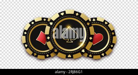 Poker o casinò concettuali. Moneta da gioco con picche di abiti. Trio di chip o gettone da gioco. Giocando realisticamente a gettoni con la tuta di picche nel ce Illustrazione Vettoriale