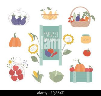 Set vettoriale di accoglienti illustrazioni autunnali. Elementi di design tradizionali del festival del raccolto autunnale. Striscione in legno, verdura, frutta nel cestino, scatola, sacchetto per Illustrazione Vettoriale